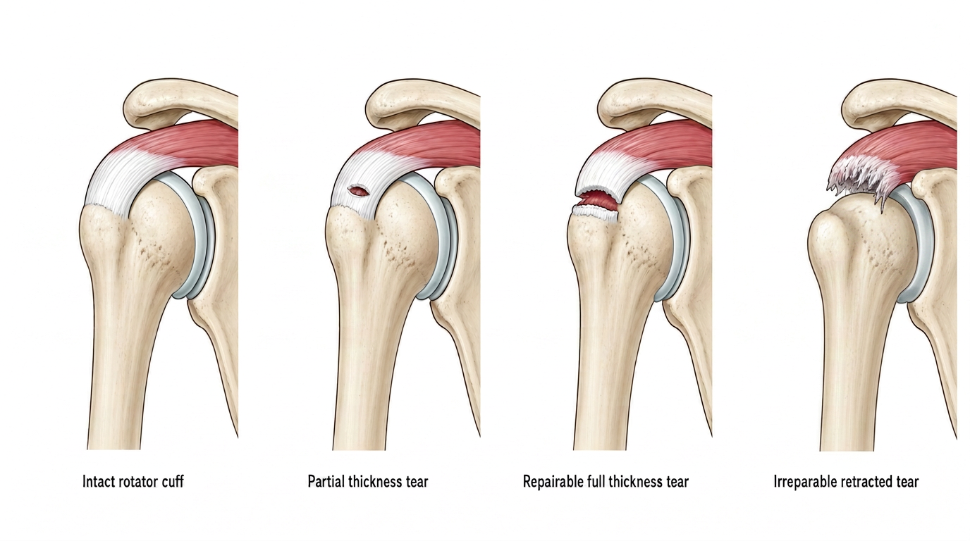 Anatomical illustration comparing an intact rotator cuff, a partial thickness supraspinatus tear, a repairable full thickness tear, and an irreparable tear retracted to the glenoid