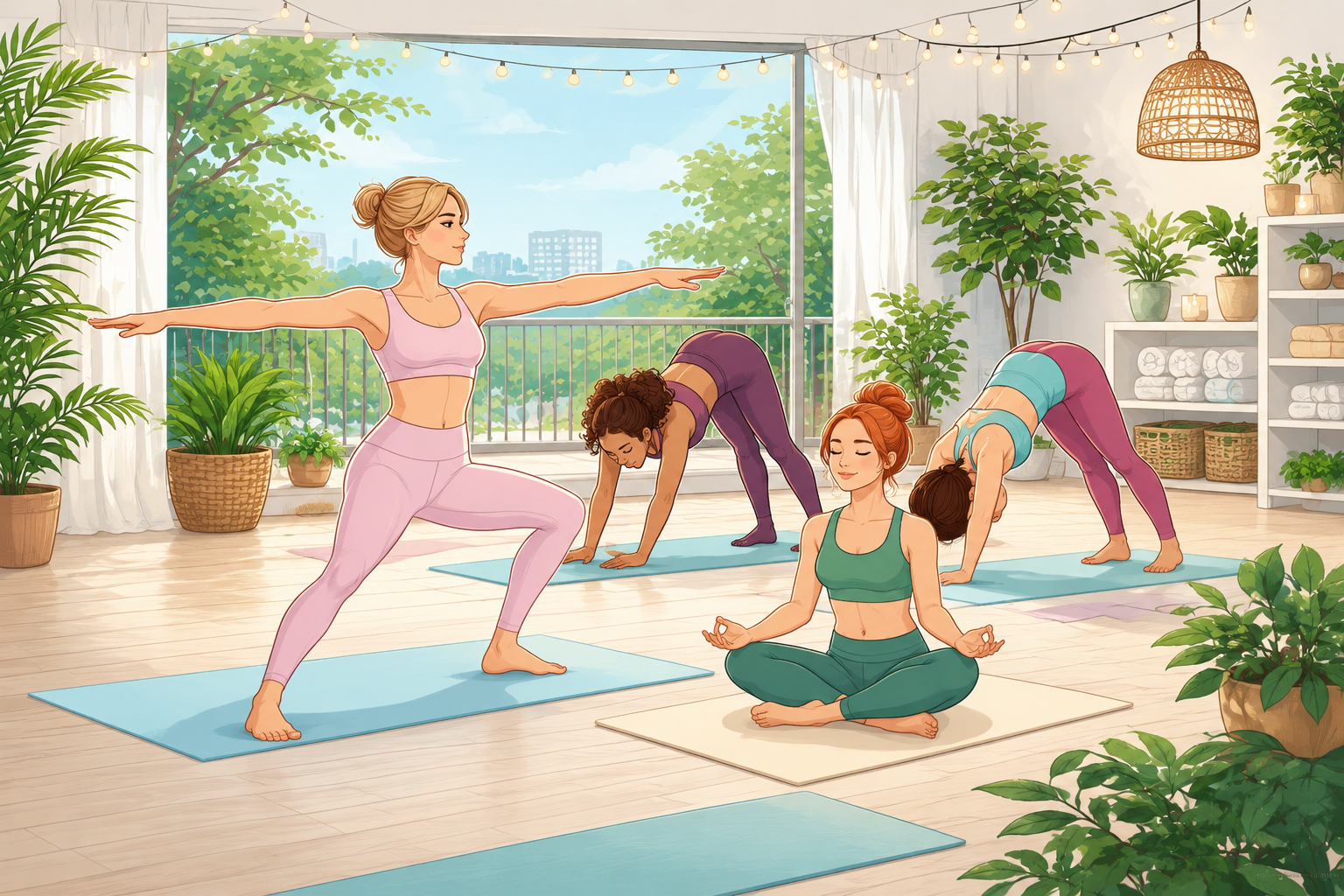 Illustration of a yoga class holding warrior and downward dog poses in a bright studio