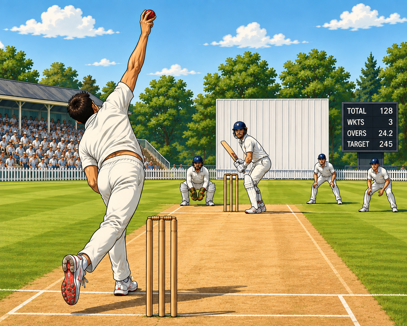 Illustration of a fast bowler in the delivery stride, arm raised overhead, during a cricket match