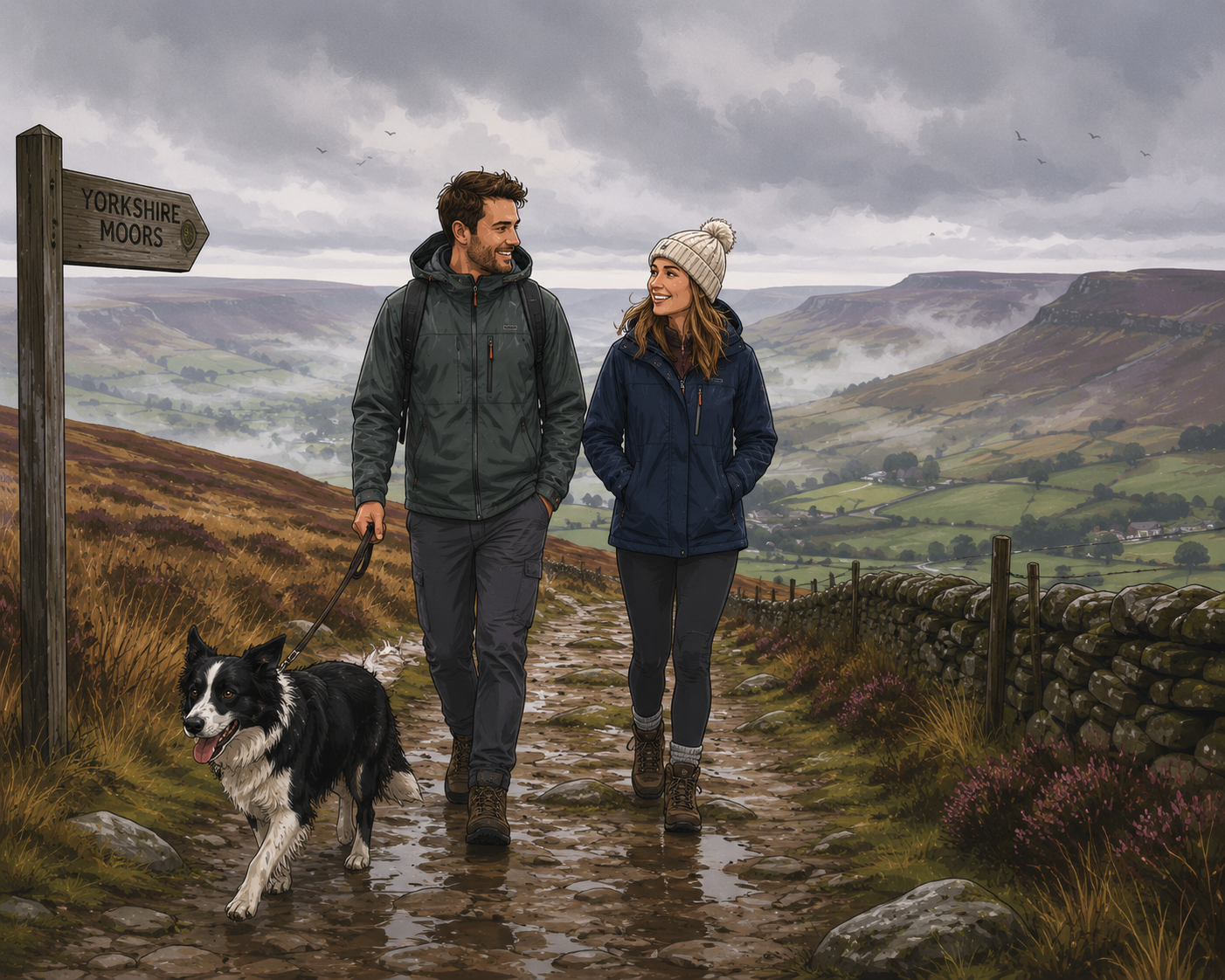 Two walkers and a dog on a path across the Yorkshire moors