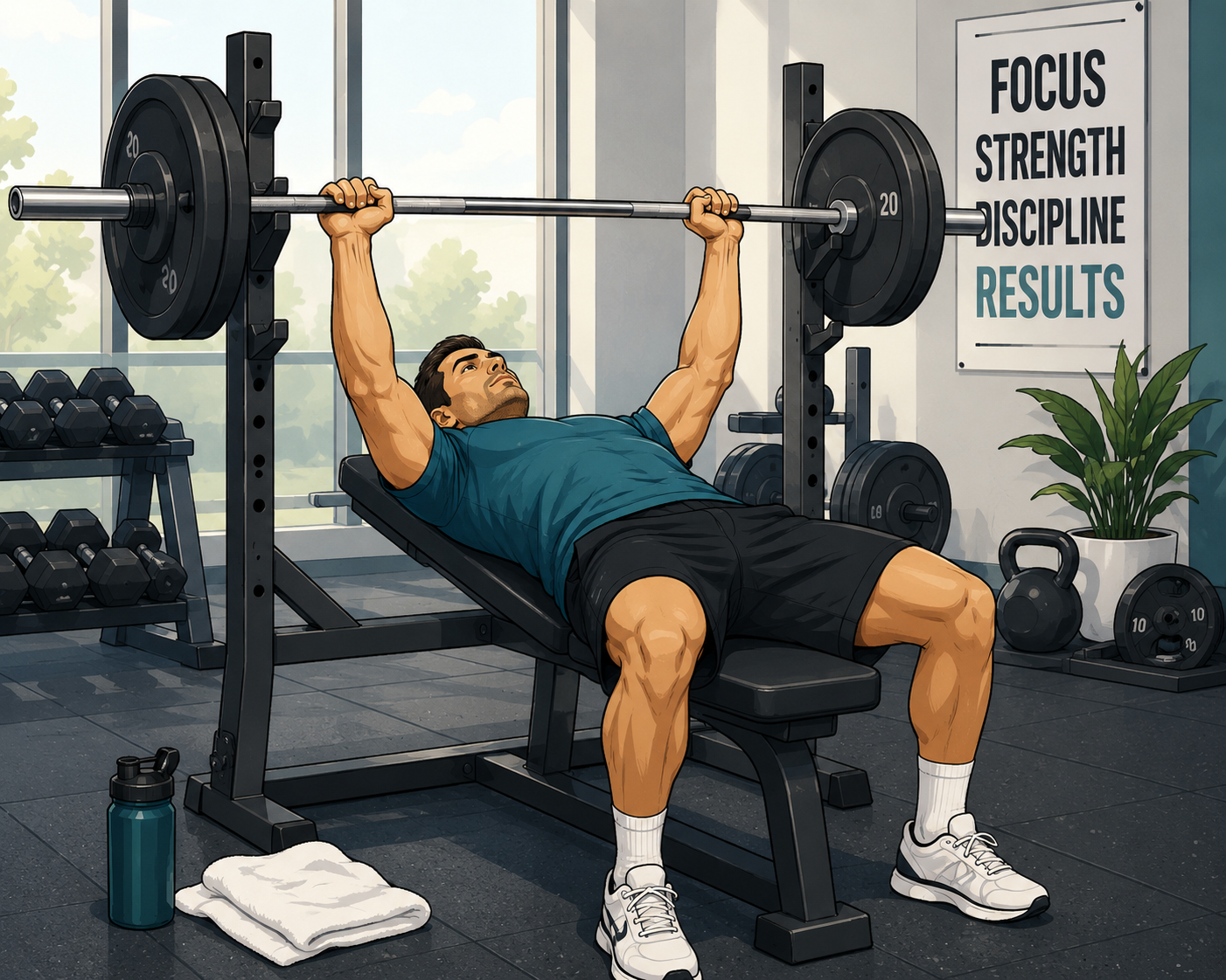 Illustration of someone bench pressing a barbell in a gym