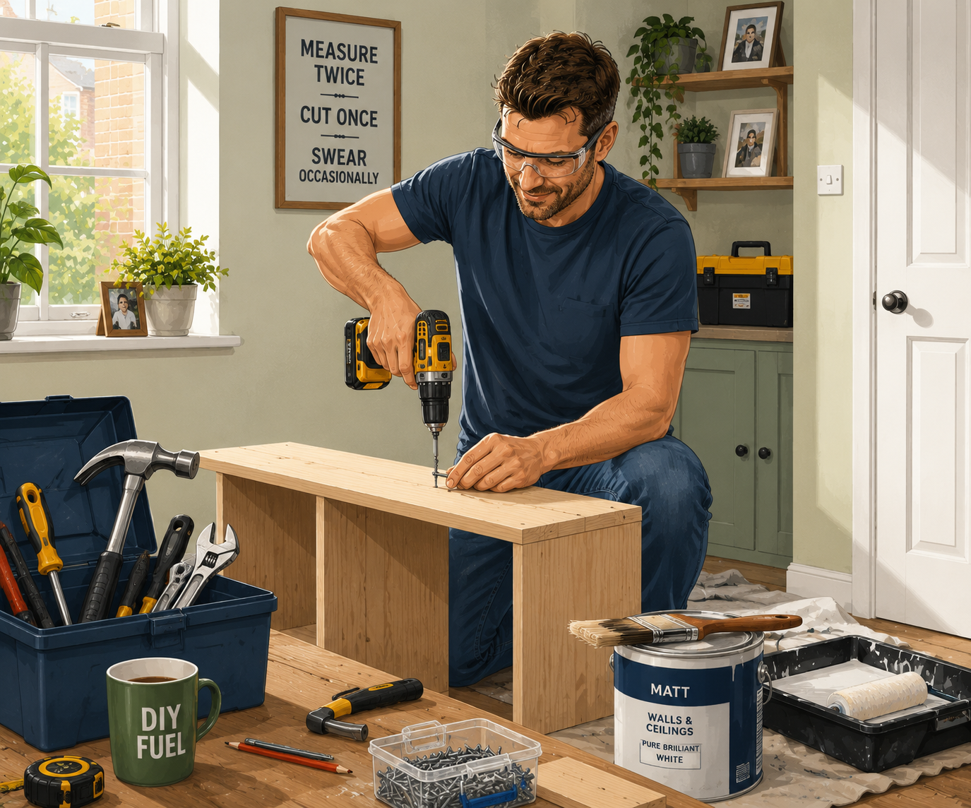 Someone using a cordless drill to build a wooden bench at home