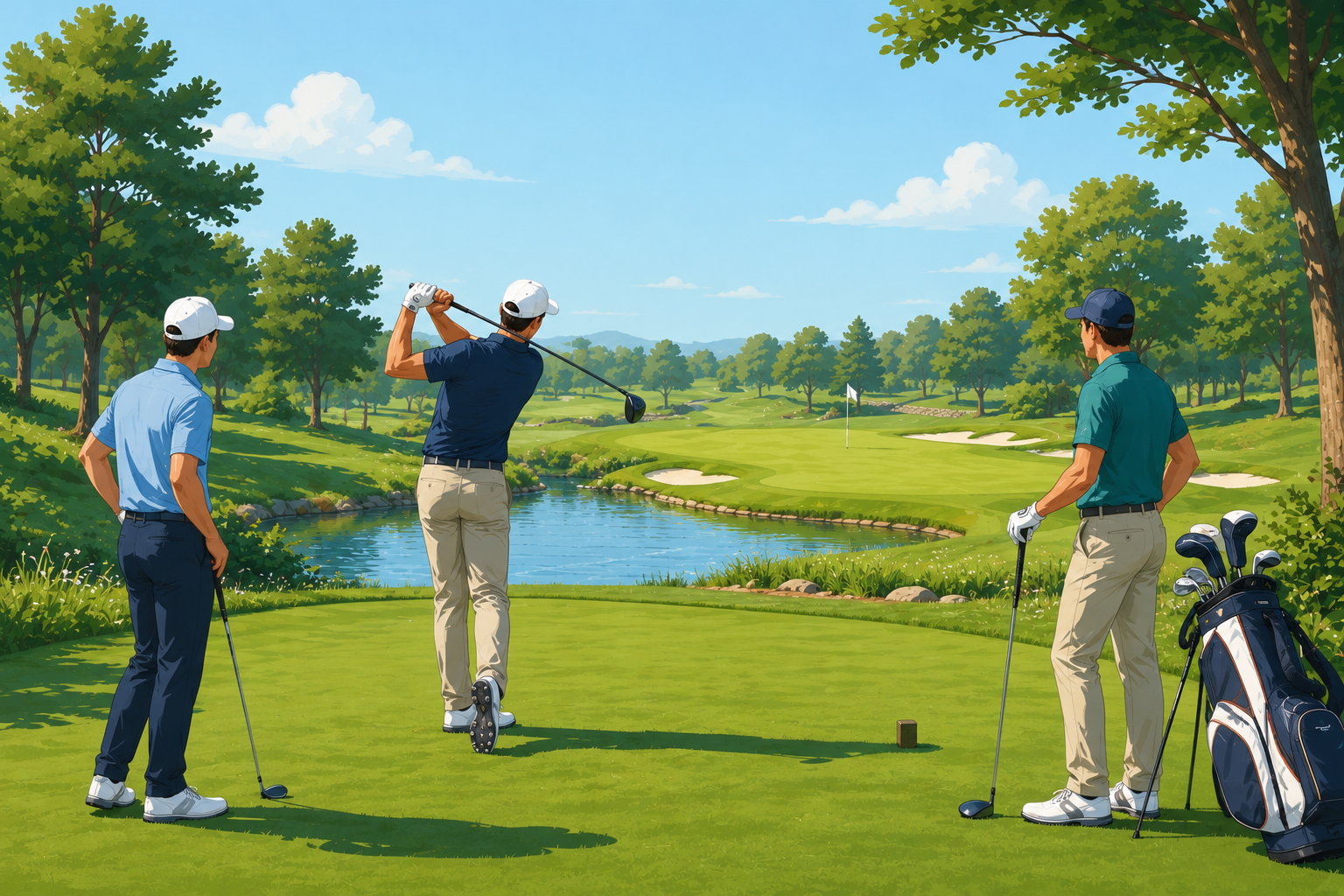 A golfer following through on a drive while playing partners watch