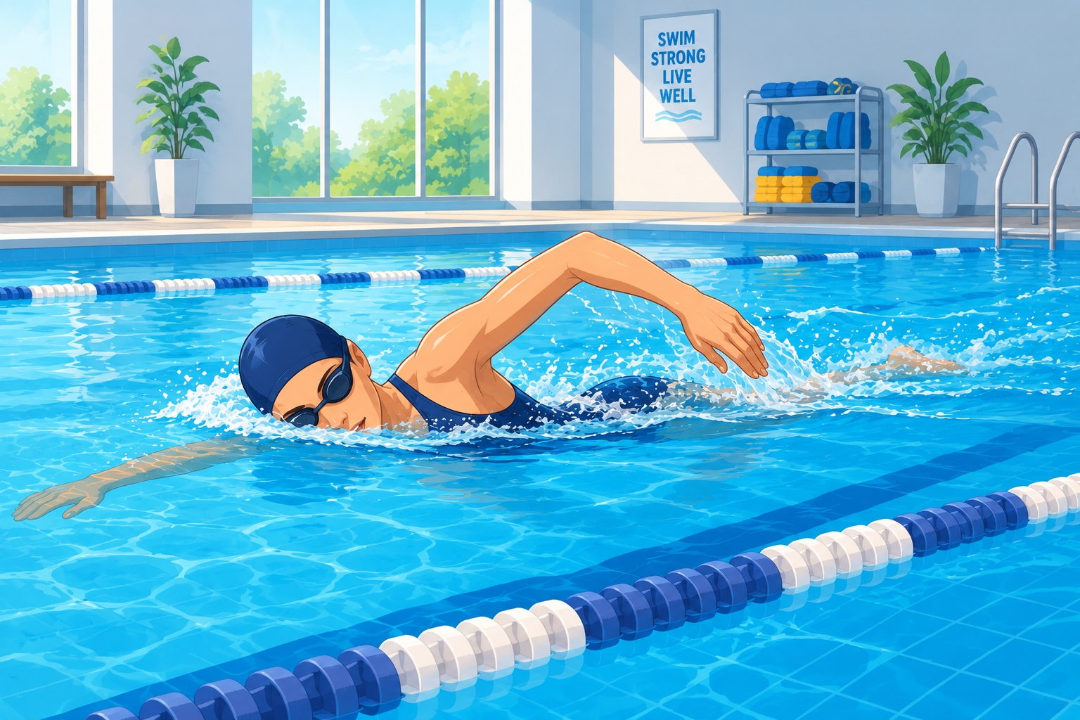 A swimmer mid front-crawl stroke in a swimming pool lane