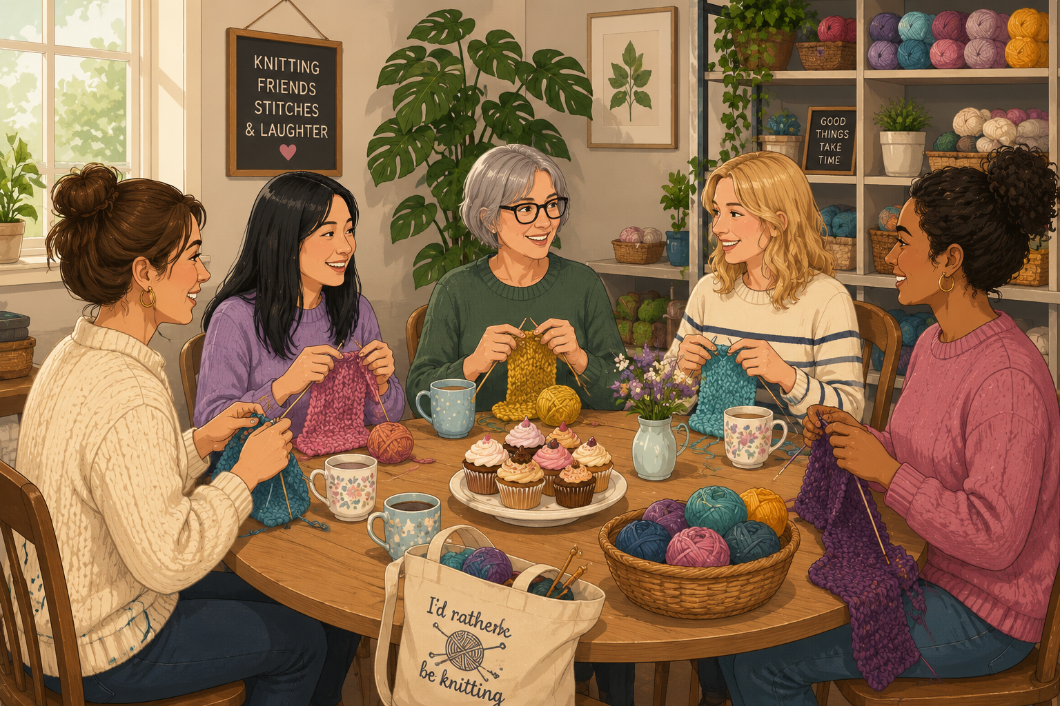 A group of friends knitting together around a table with tea and cakes