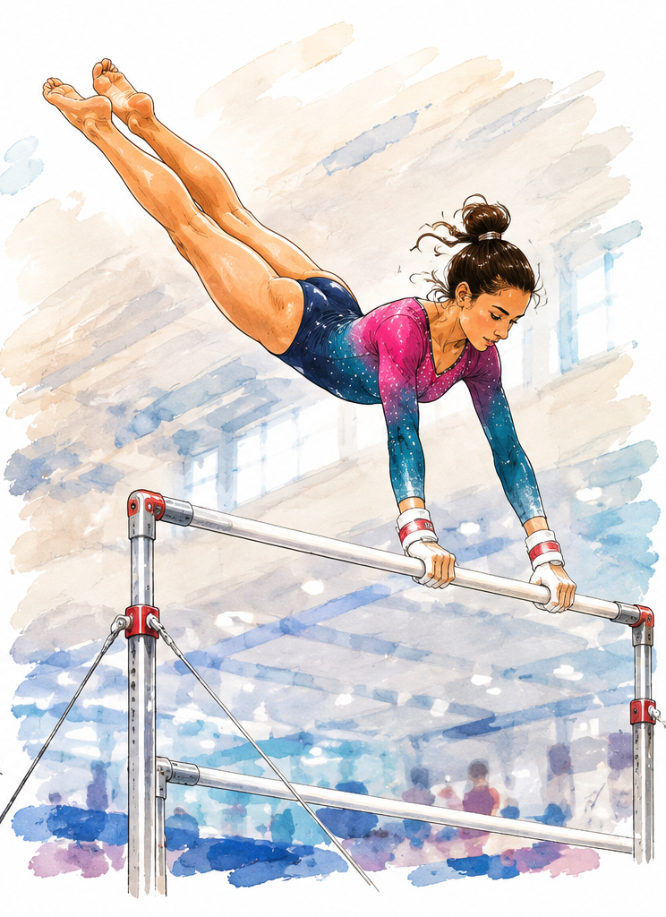 Illustration of a gymnast returning to overhead sport after shoulder treatment