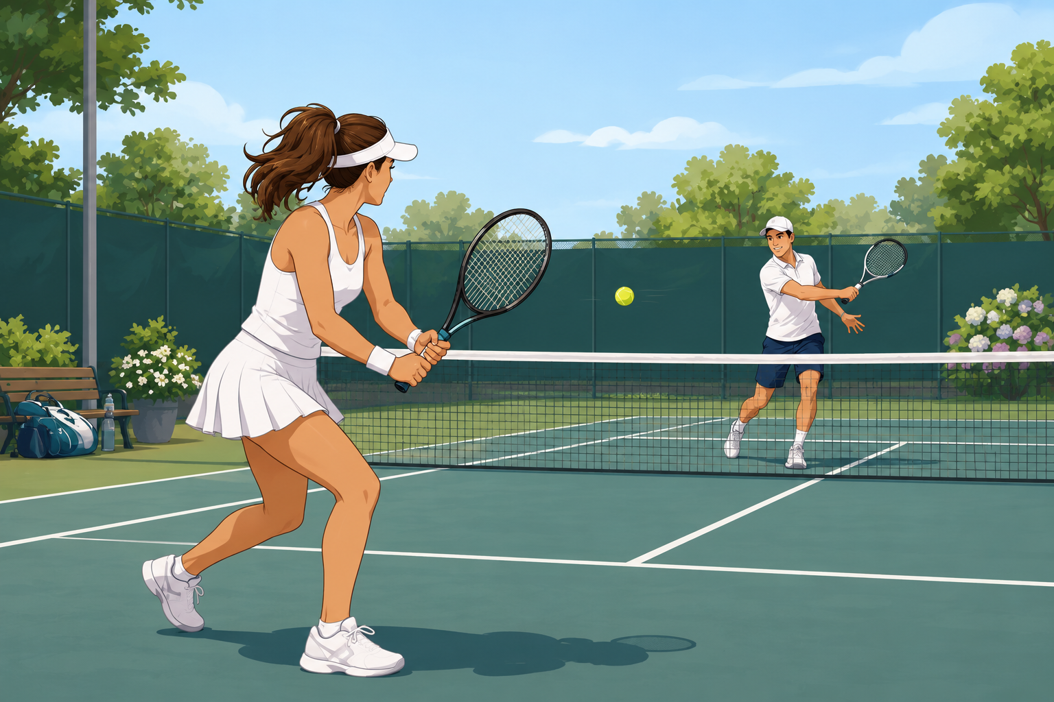 Two players in a rally on an outdoor tennis court